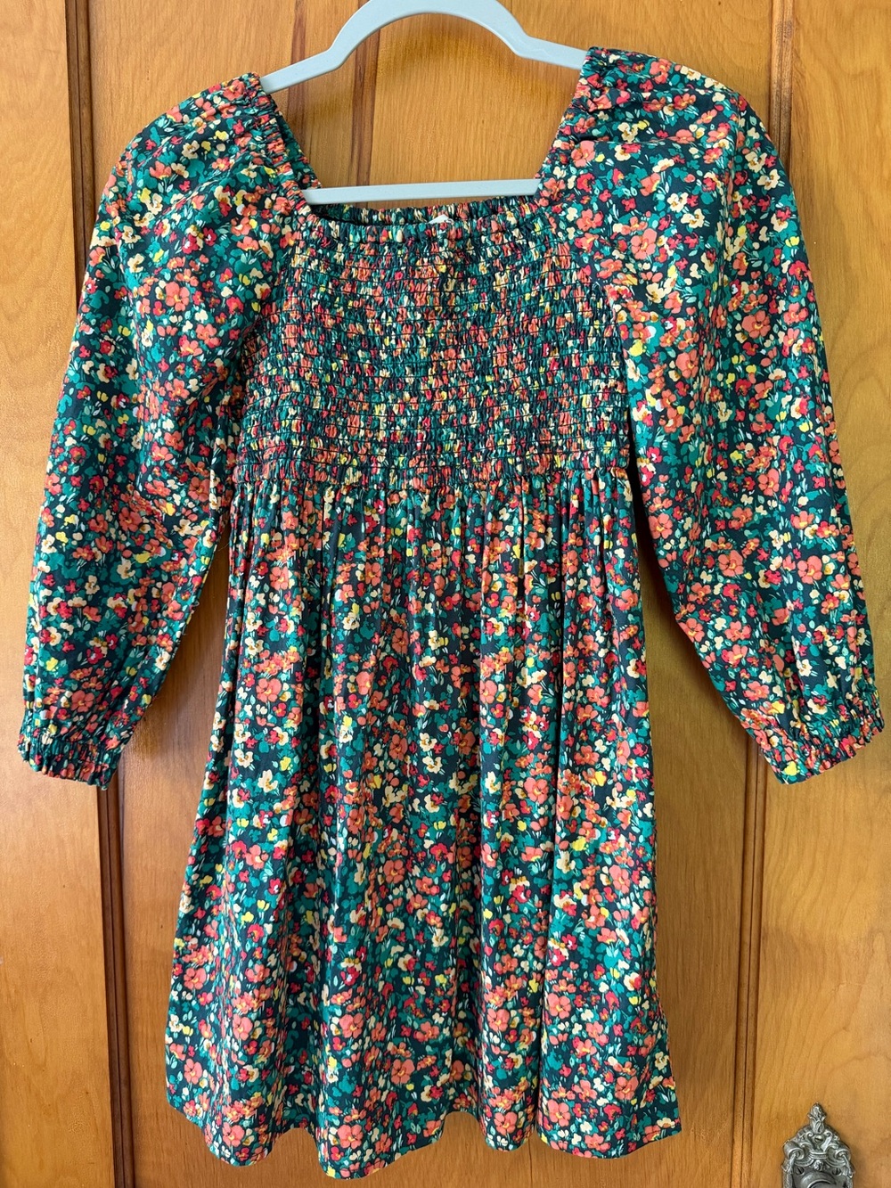 Crewcuts Girls J.Crew Green Floral Smocked Dress with Red and Coral Accents